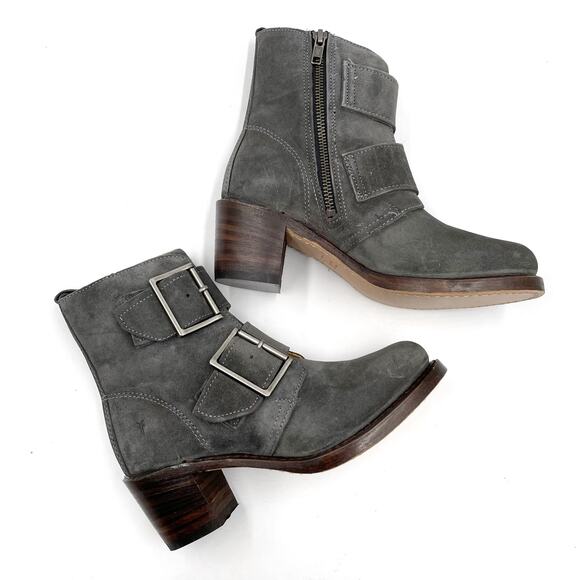 Frye Sabrina Boots Charcoal Gray Suede‎ Double Buckle Ankle Sz 6 Women's - Picture 5 of 10
